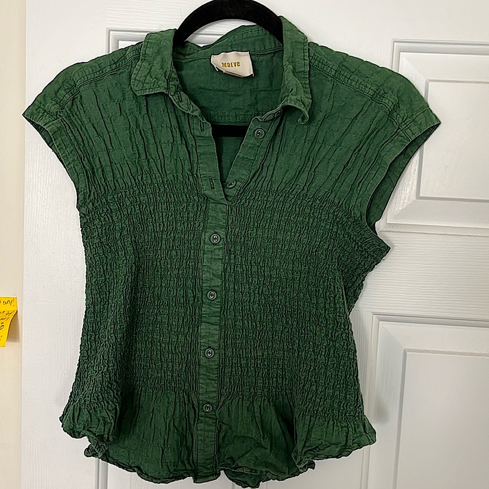 Maeve Linen Cotton Smocked Button Front Blouse